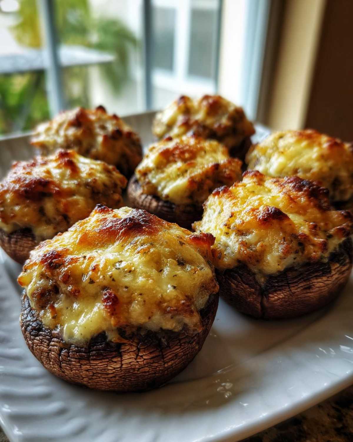 A plate of golden-brown Sausage stuffed mushrooms topped with melted, browned cheese.