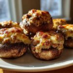 A close-up of several baked sausage stuffed mushrooms topped with bubbly, browned cheese.