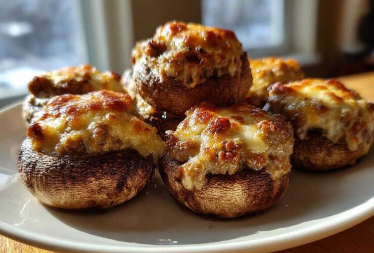 A close-up of several baked sausage stuffed mushrooms topped with bubbly, browned cheese.