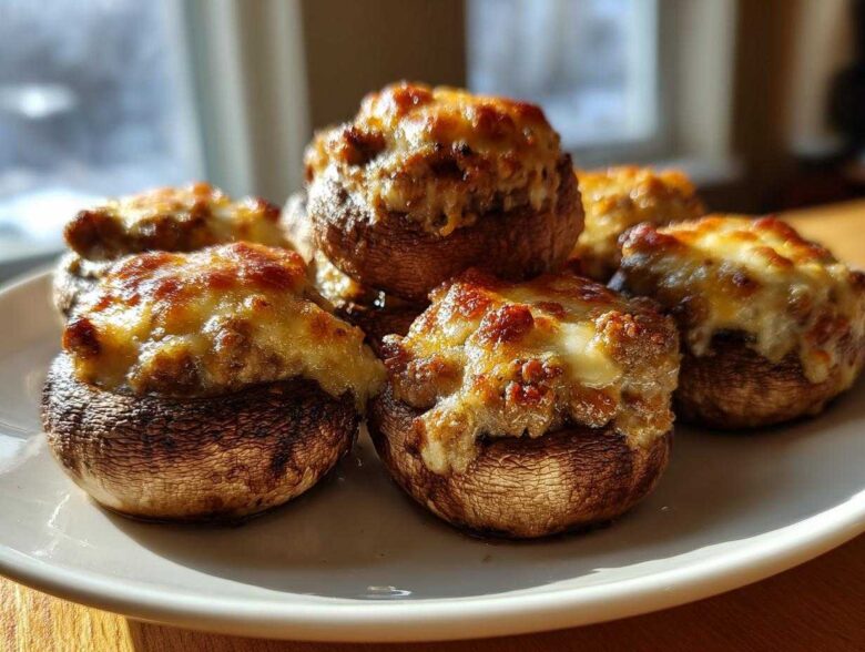 A close-up of several baked sausage stuffed mushrooms topped with bubbly, browned cheese.