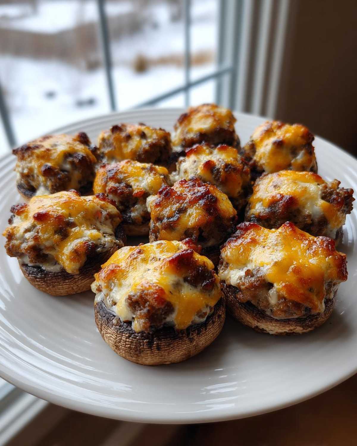 A white plate holds several golden-brown Sausage stuffed mushrooms topped with melted, browned cheese.