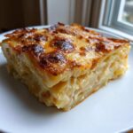 A thick, golden-brown slice of cheesy scalloped potatoes and ham casserole on a white plate.