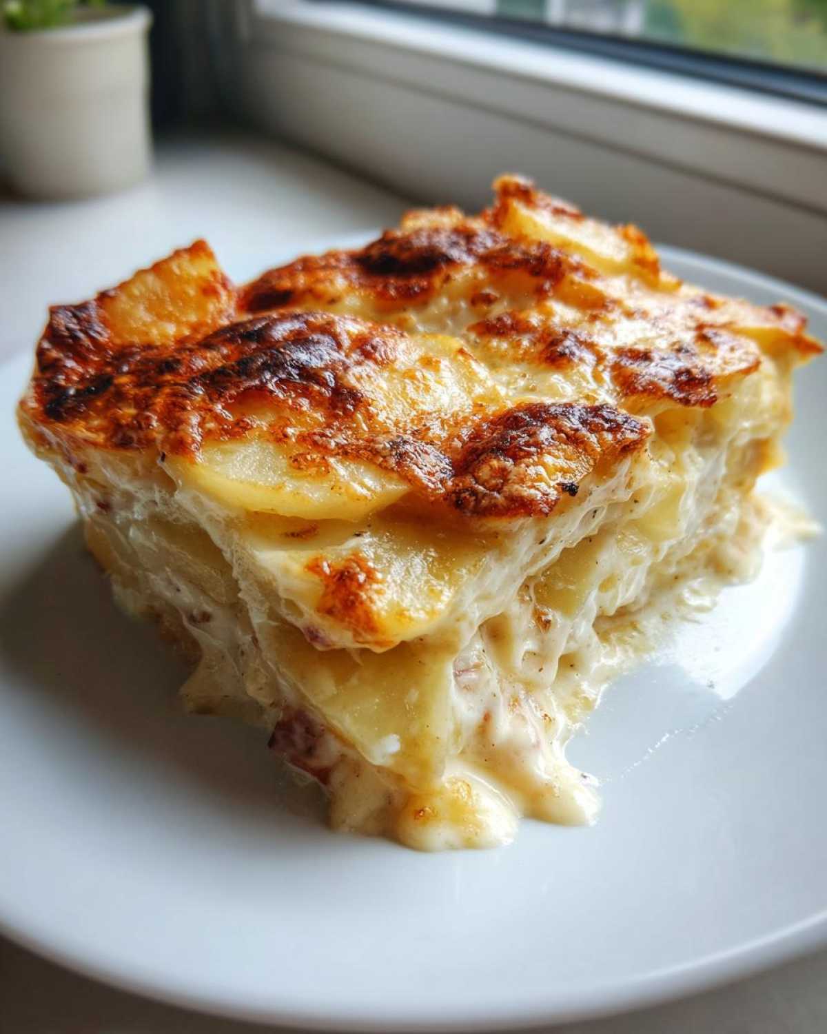 A thick slice of creamy scalloped potatoes and ham with a golden-brown, cheesy crust served on a white plate.