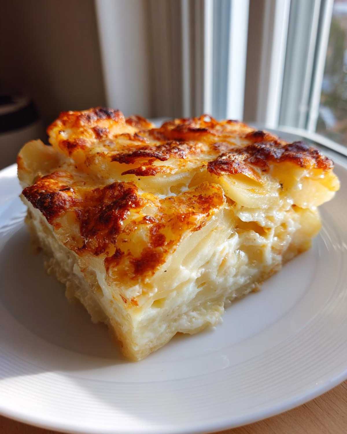 A thick, creamy slice of scalloped potatoes and ham casserole with a beautifully browned, cheesy top.