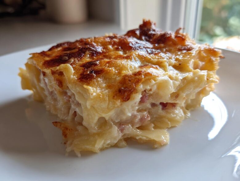 A close-up of a baked slice of creamy scalloped potatoes and ham with a golden-brown cheesy top.