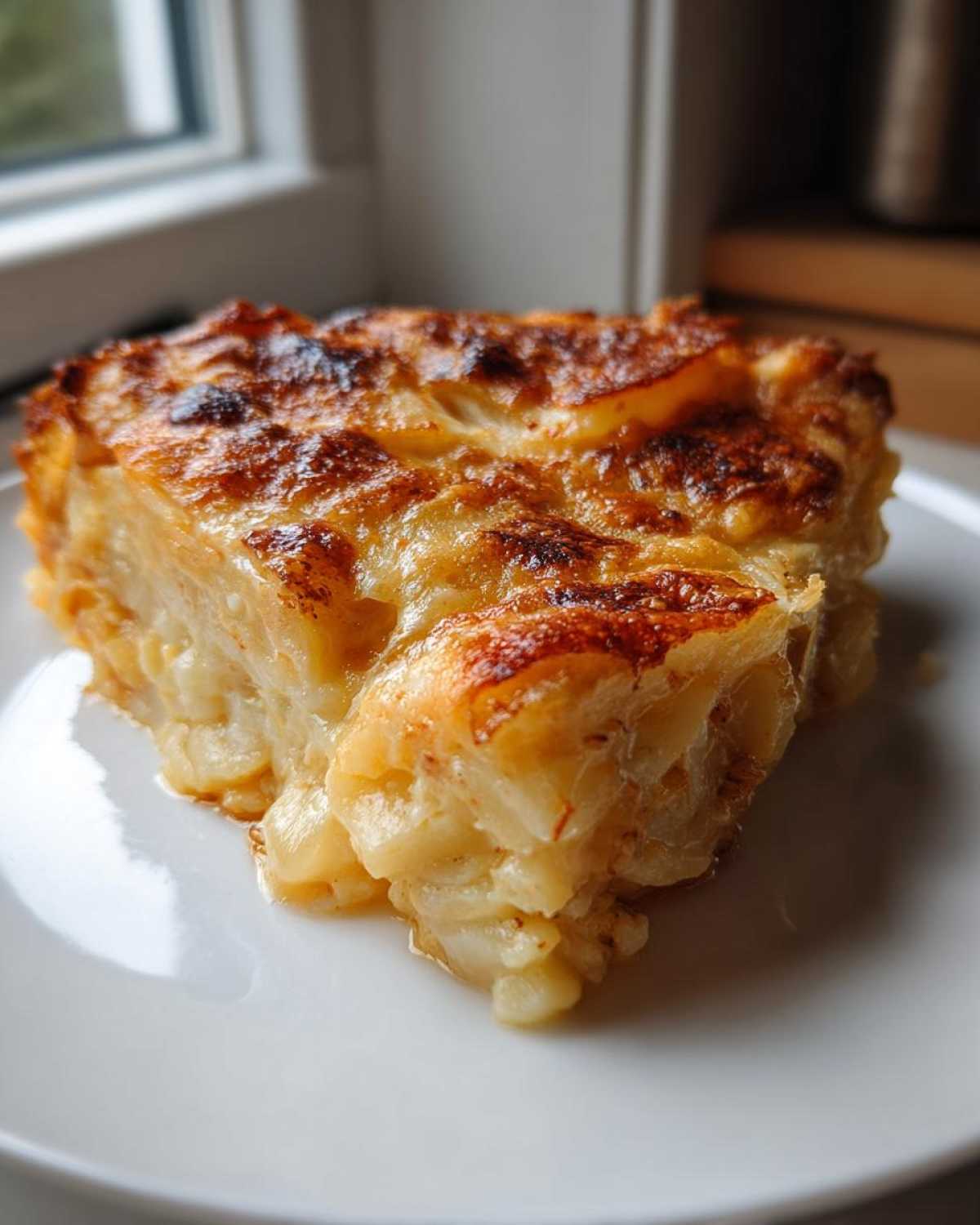 A close-up of a square serving of cheesy scalloped potatoes and ham with a golden-brown, bubbly top.