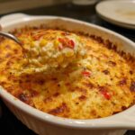 A spoonful of hot, cheesy corn dip with cream cheese being lifted from a baked white casserole dish.