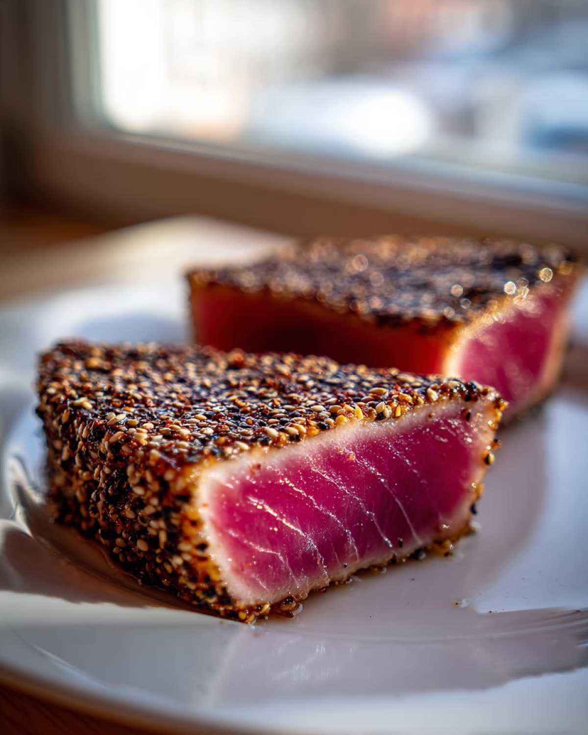 Close-up of two slices of perfectly seared ahi tuna, crusted with sesame seeds, showing a vibrant pink rare center.