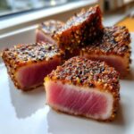 Four thick slices of perfectly Seared Ahi Tuna showing a bright pink center and a dark sesame seed crust.