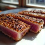 Four slices of perfectly seared ahi tuna with a dark sesame crust showing a bright pink, rare center.