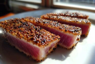 Four slices of perfectly seared ahi tuna with a dark sesame crust showing a bright pink, rare center.