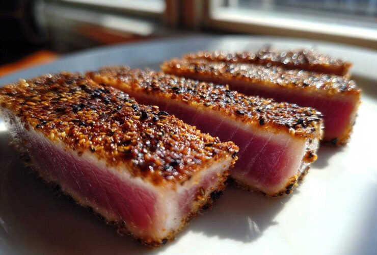 Four slices of perfectly seared ahi tuna with a dark sesame crust showing a bright pink, rare center.