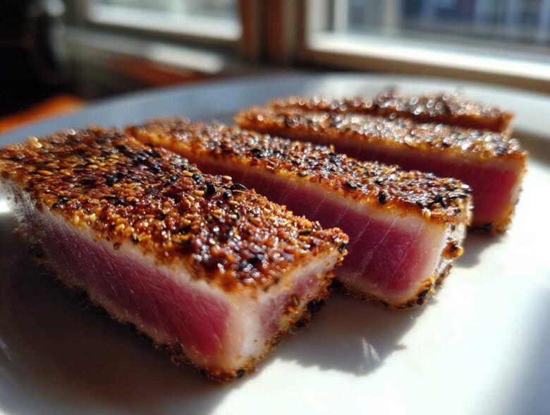 Four slices of perfectly seared ahi tuna with a dark sesame crust showing a bright pink, rare center.