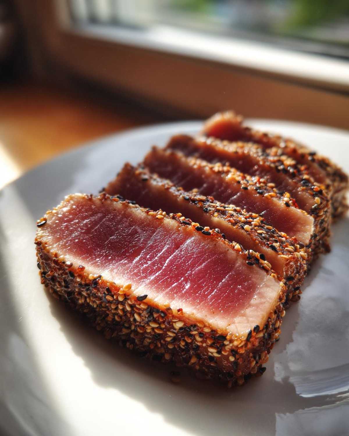 Close-up of perfectly seared ahi tuna, sliced to show the rare center and sesame seed crust.
