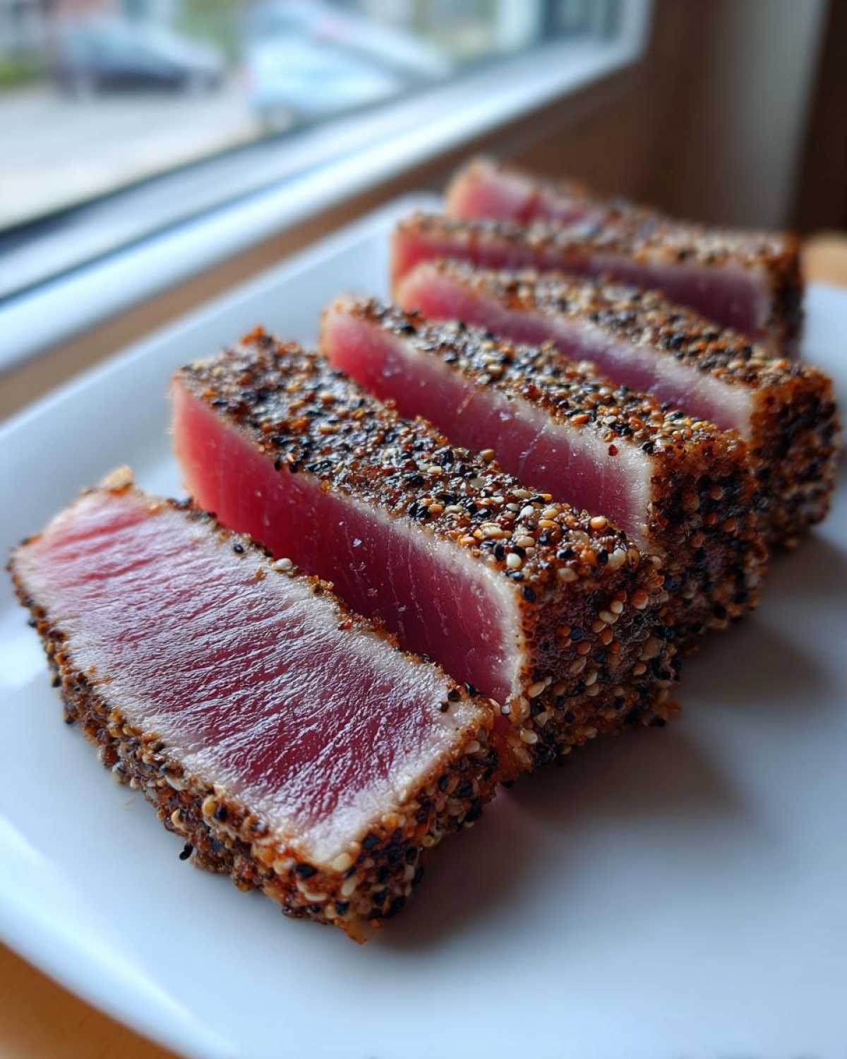Five thick slices of perfectly seared Ahi Tuna, crusted with sesame seeds and spices, showing a rare, deep red center.