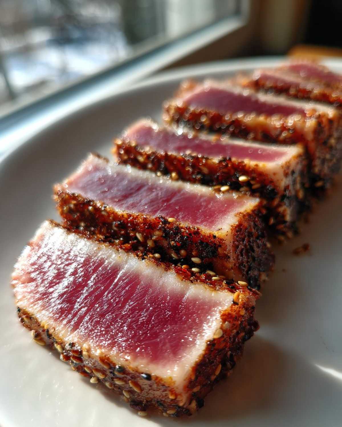 Close-up of perfectly seared ahi tuna slices showing a deep red raw center and a sesame seed crust.
