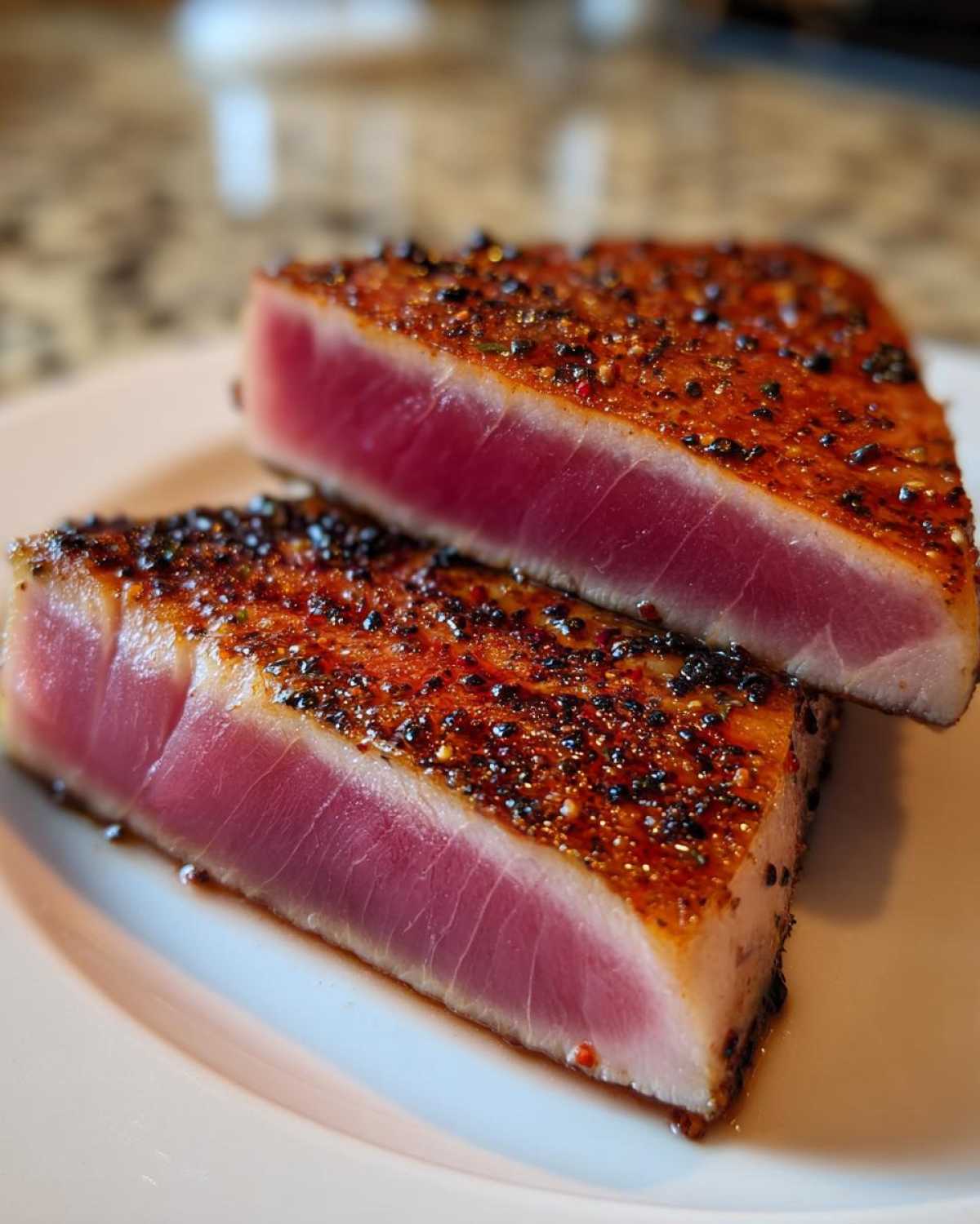 Two thick slices of seared tuna steak, rare in the center, showing a rich peppercorn crust from the MARINADE FOR TUNA STEAK.