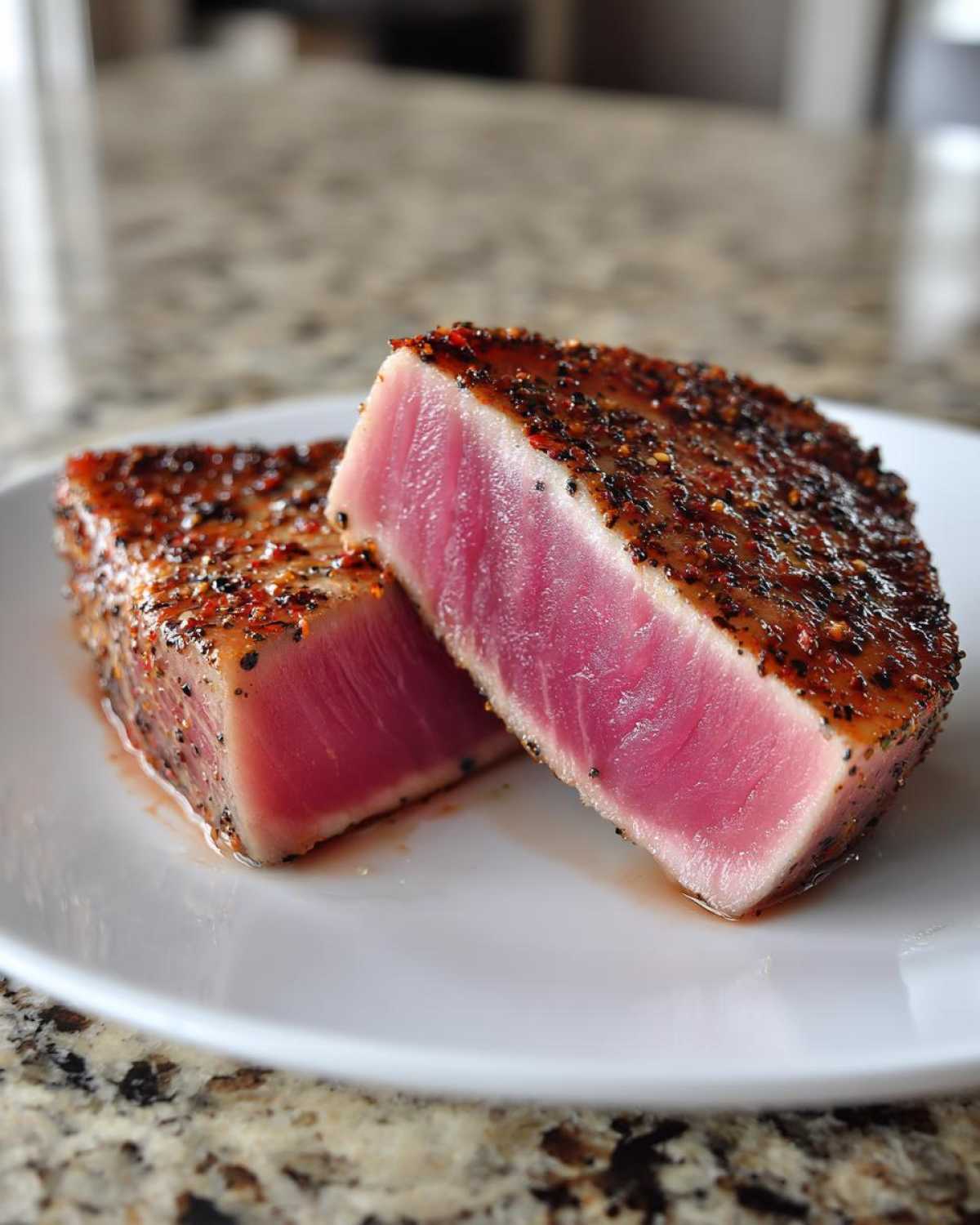 Two thick slices of seared tuna steak, crusted with pepper, showing a bright pink, rare center, perfect for a MARINADE FOR TUNA STEAK.