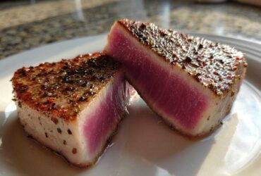 Two halves of a seared tuna steak showing a vibrant pink, rare center, coated in a flavorful herb and spice MARINADE FOR TUNA STEAK crust.