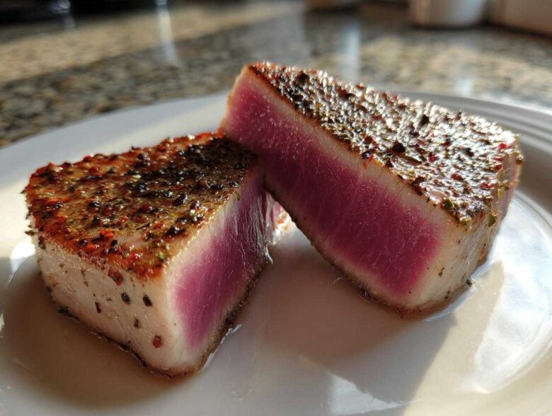 Two halves of a seared tuna steak showing a vibrant pink, rare center, coated in a flavorful herb and spice MARINADE FOR TUNA STEAK crust.
