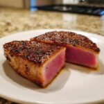 Close-up of a perfectly seared tuna steak, sliced to show rare pink center, seasoned with a spice rub. Ideal for MARINADE FOR TUNA STEAK.