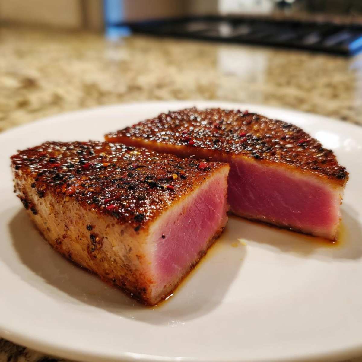 Two perfectly seared tuna steak pieces showing a bright pink center, seasoned with a dark spice rub. Great MARINADE FOR TUNA STEAK result.