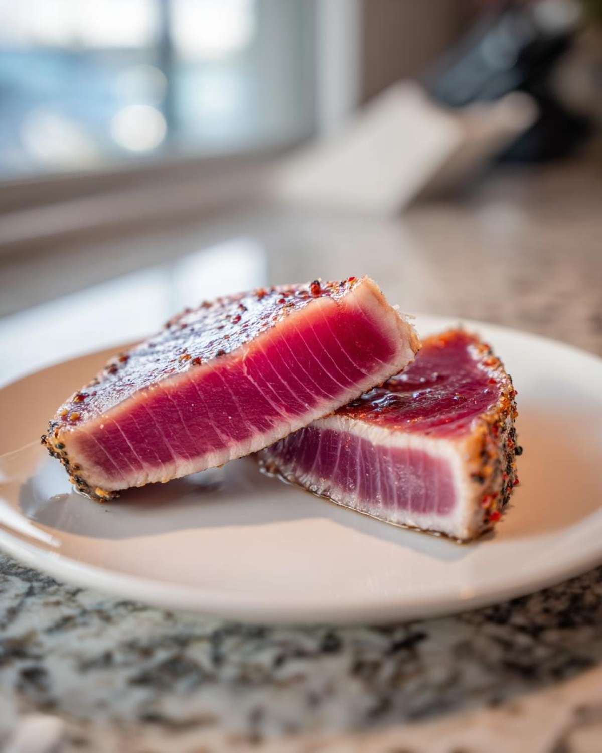 Two thick slices of seared tuna steak, perfectly rare inside, resting on a white plate after using a MARINADE FOR TUNA STEAK.