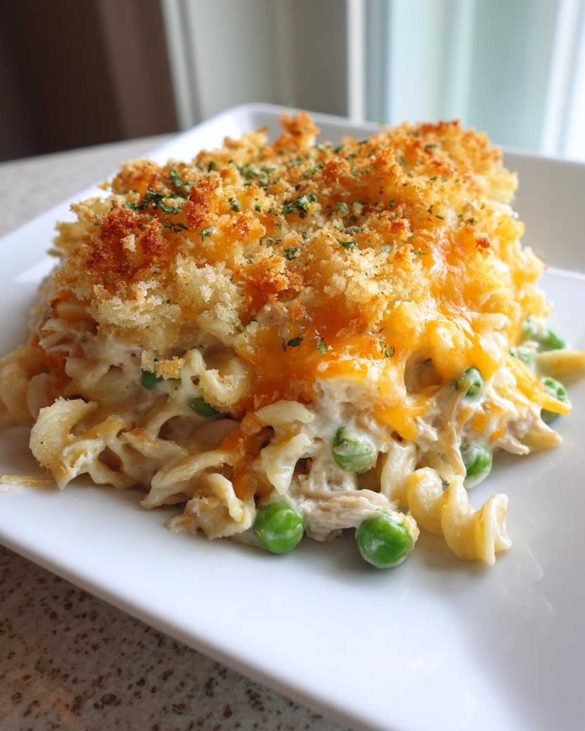 A close-up serving of creamy Tuna Casserole with peas, melted cheddar cheese, and a golden breadcrumb topping.