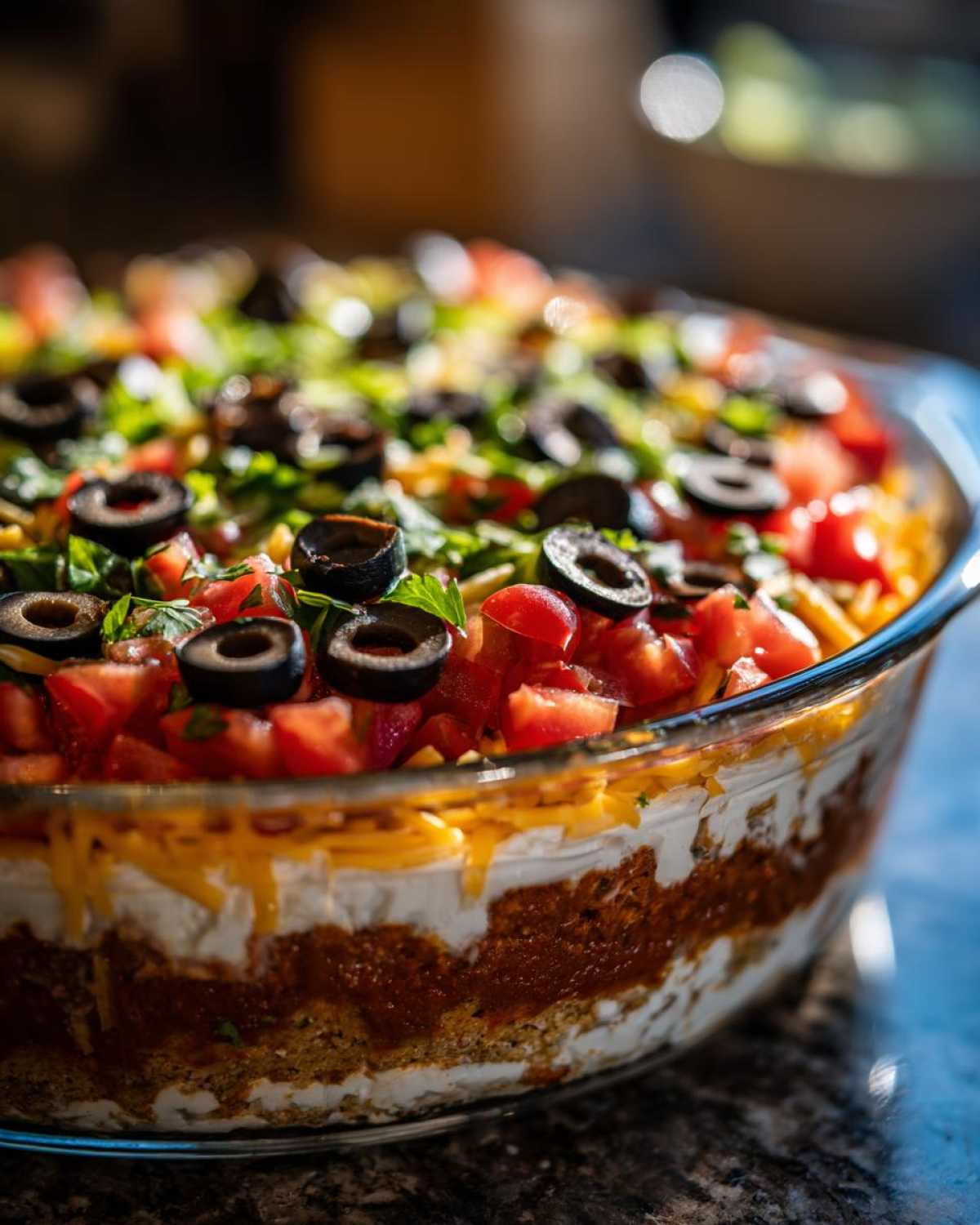 Close-up view of a vibrant Seven layer dip in a clear glass dish, topped with tomatoes, black olives, and cilantro.