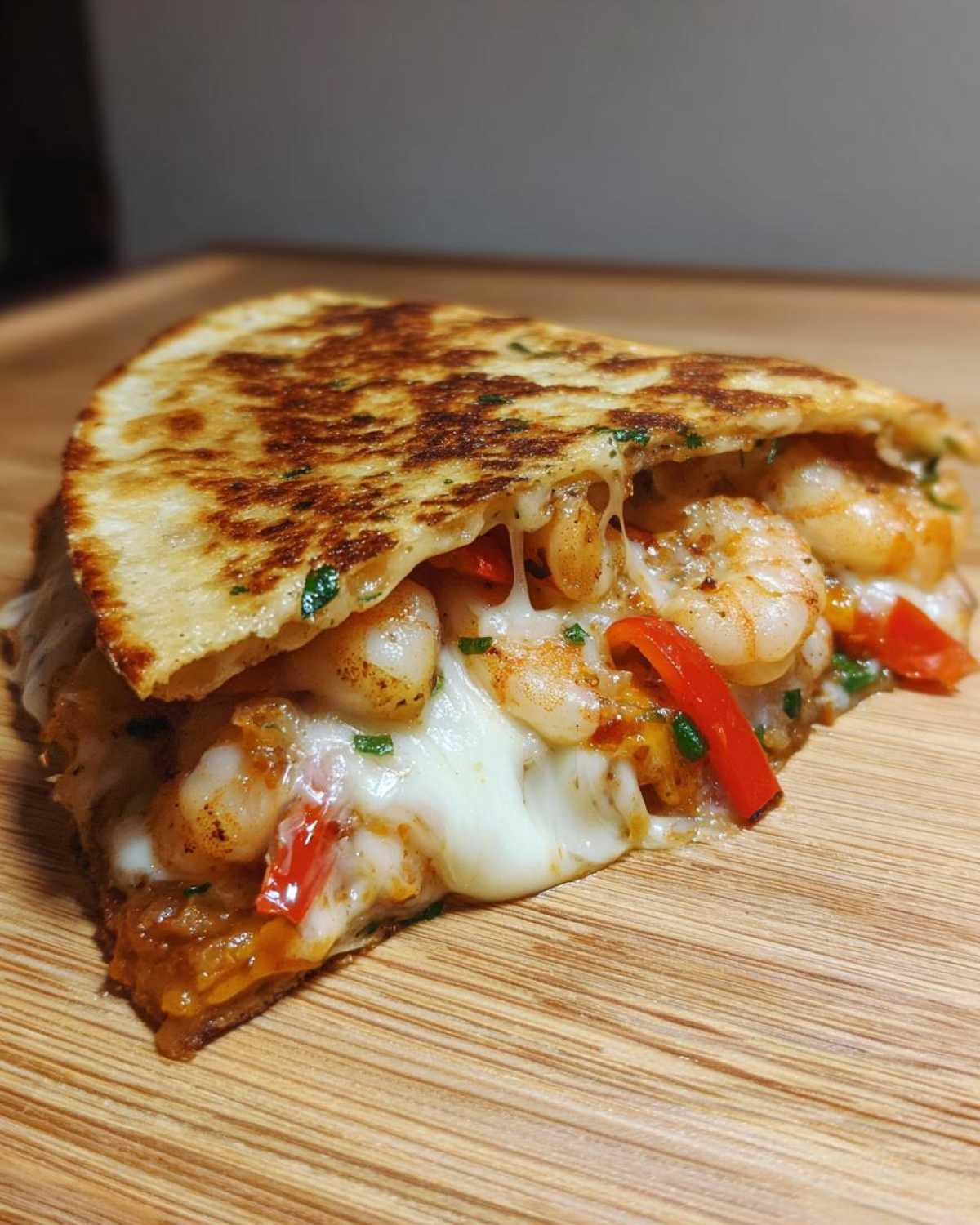 Close-up of a perfectly grilled shrimp quesadilla slice oozing with melted cheese, shrimp, and red peppers.