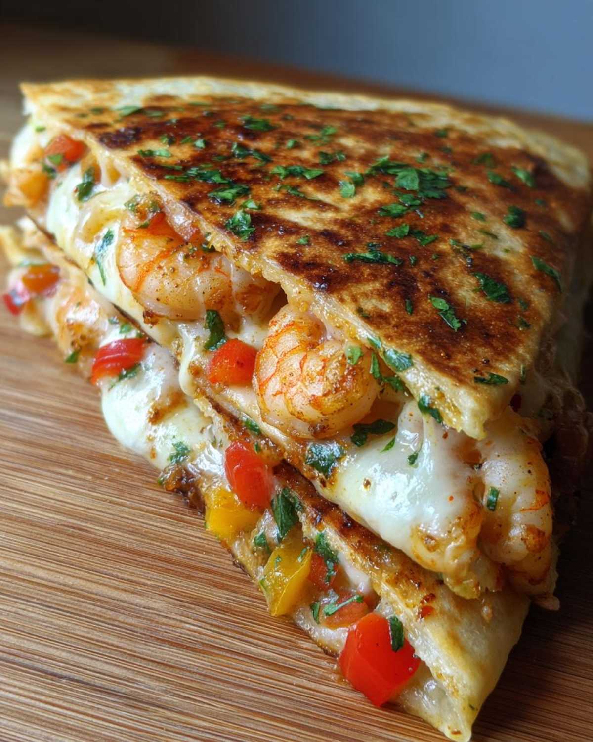 Close-up of a perfectly grilled shrimp quesadilla slice overflowing with melted cheese, seasoned shrimp, and diced bell peppers.