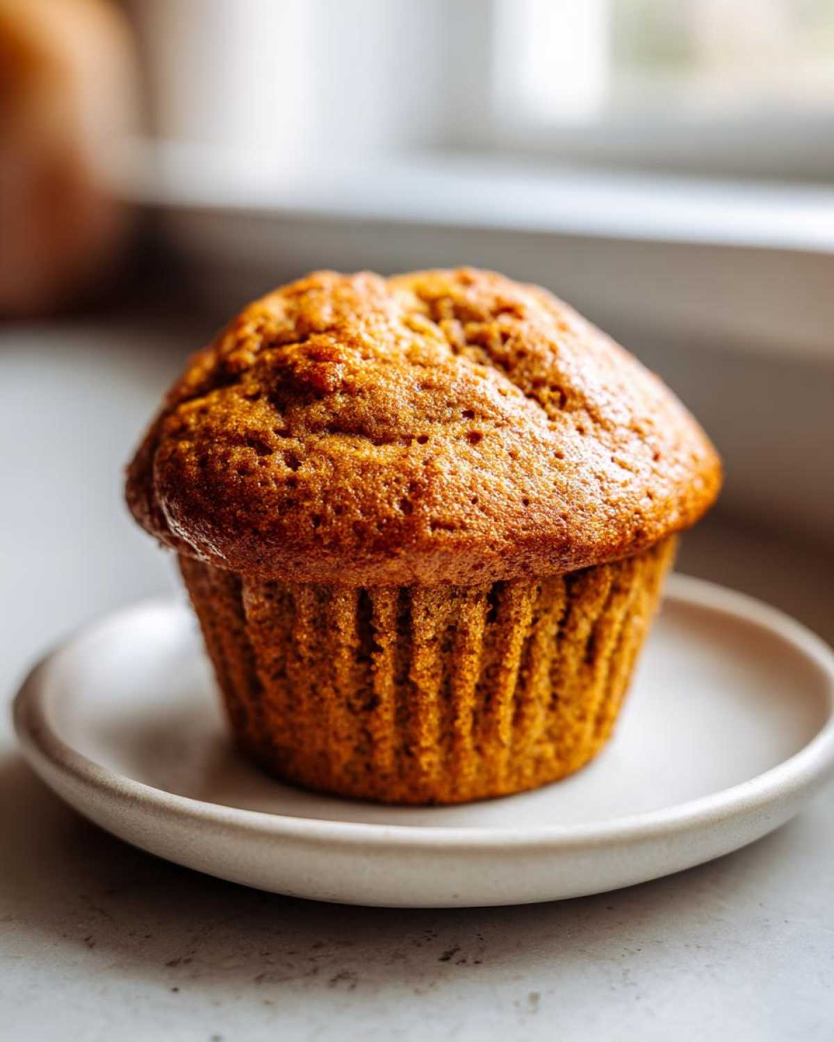 A single, golden-brown honey bran muffin sitting on a small, light-colored plate.