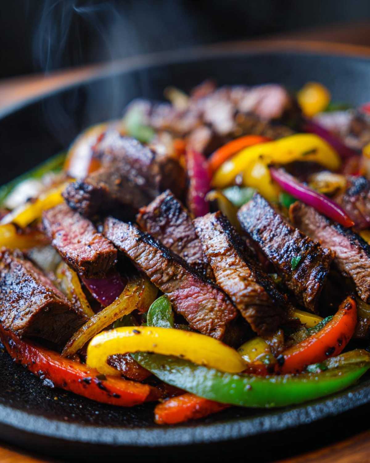 Close-up of sizzling steak fajitas, featuring sliced, medium-rare steak mixed with colorful bell peppers and onions.