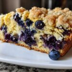 Close-up of a moist slice of blueberry banana bread featuring a golden crumb topping and bursting blueberries.