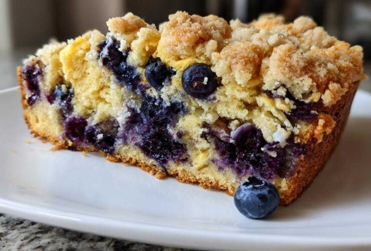 Close-up of a moist slice of blueberry banana bread featuring a golden crumb topping and bursting blueberries.