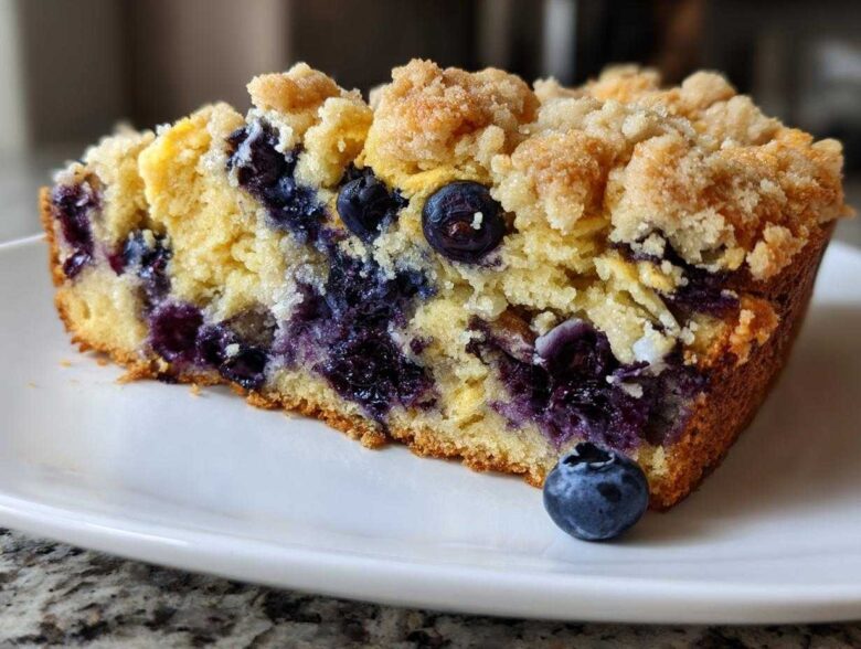 Close-up of a moist slice of blueberry banana bread featuring a golden crumb topping and bursting blueberries.