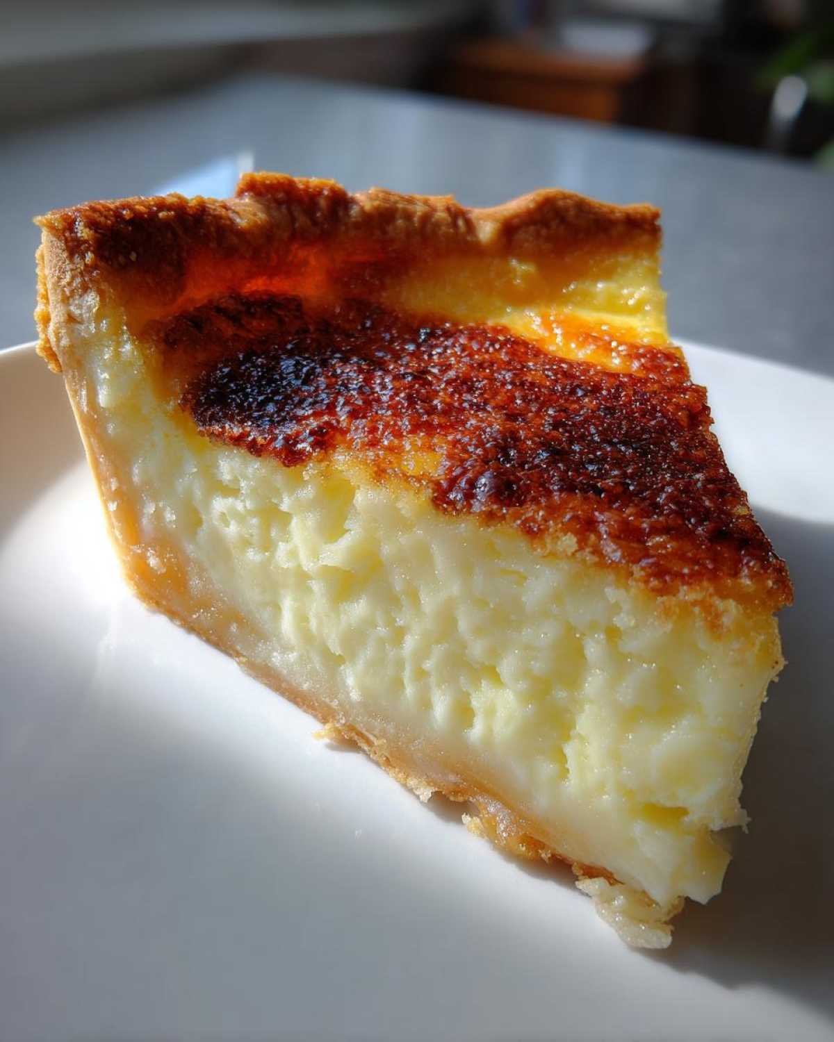 A close-up slice of creamy buttermilk pie showing a rich, custardy filling and a deeply caramelized top crust.