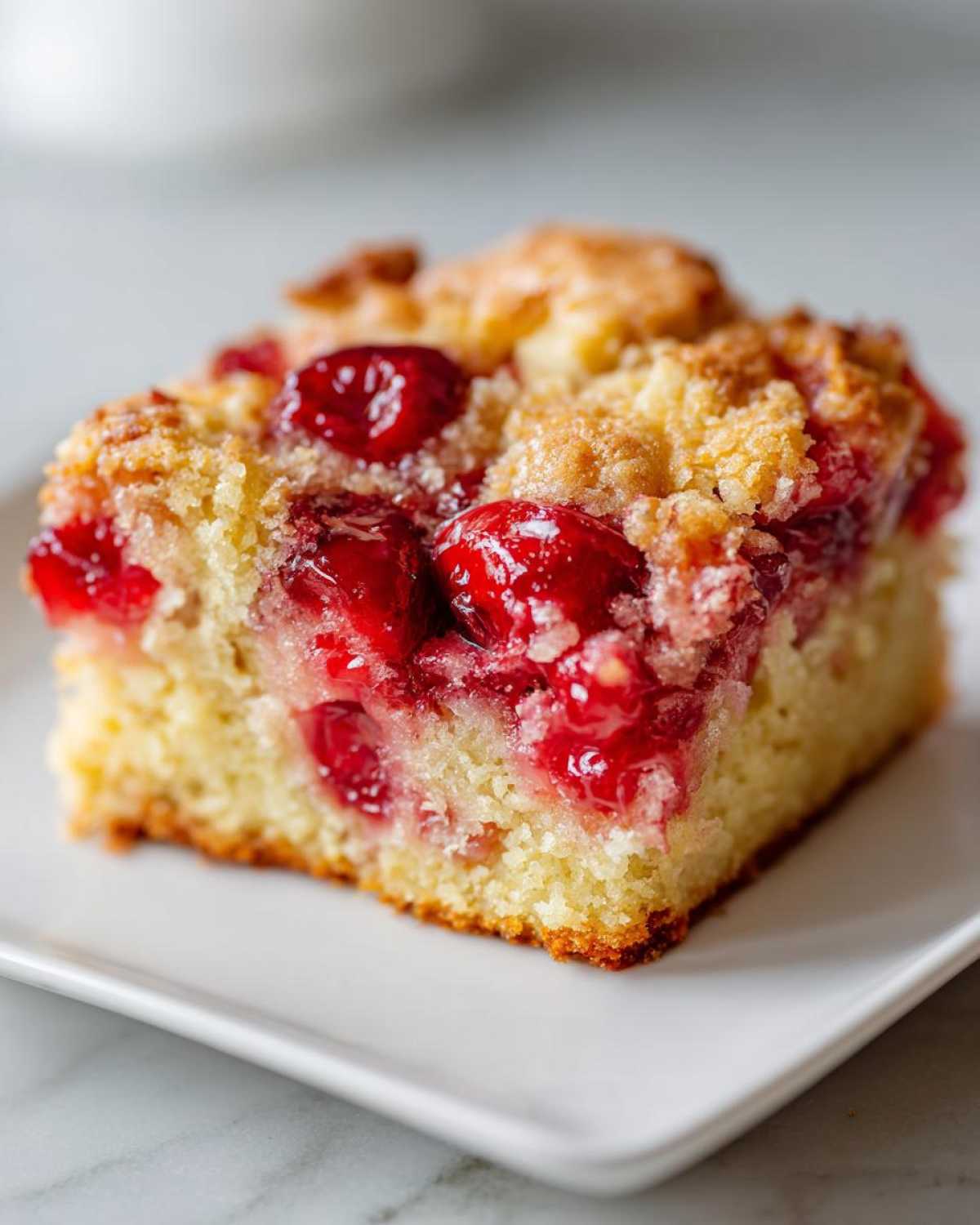 Close-up of a square slice of moist cherry dump cake with a crumbly topping.