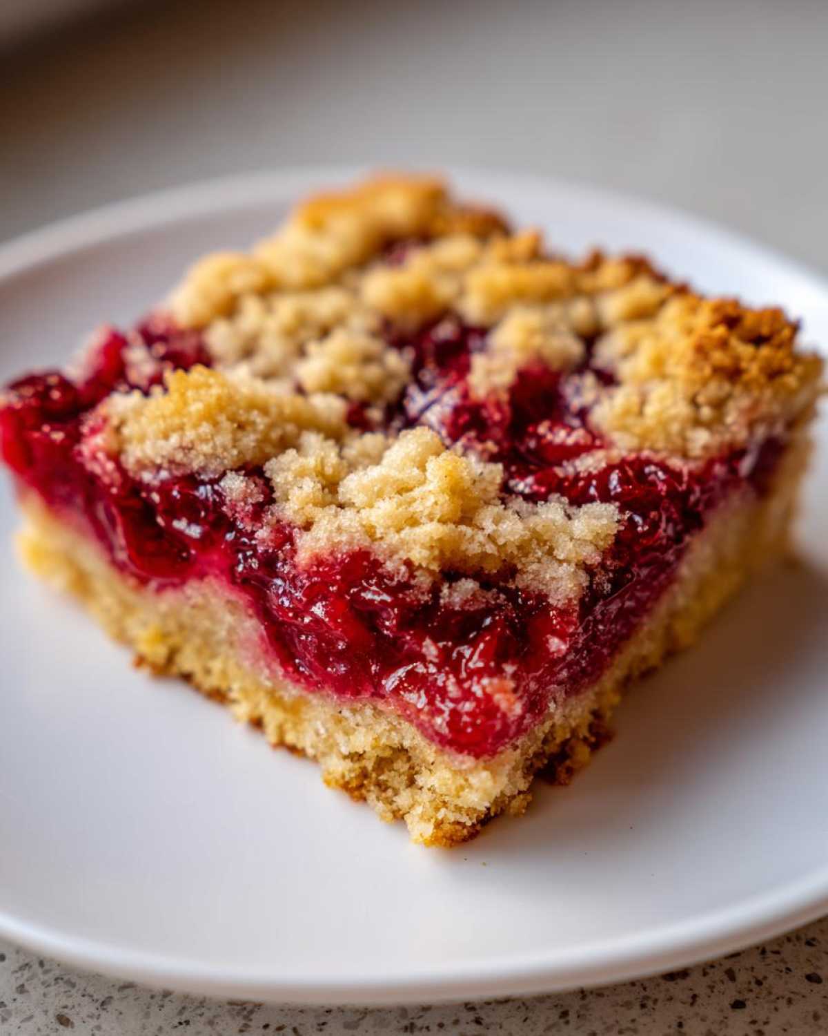 Close-up of a square slice of moist cherry dump cake with a golden crumble topping on a white plate.