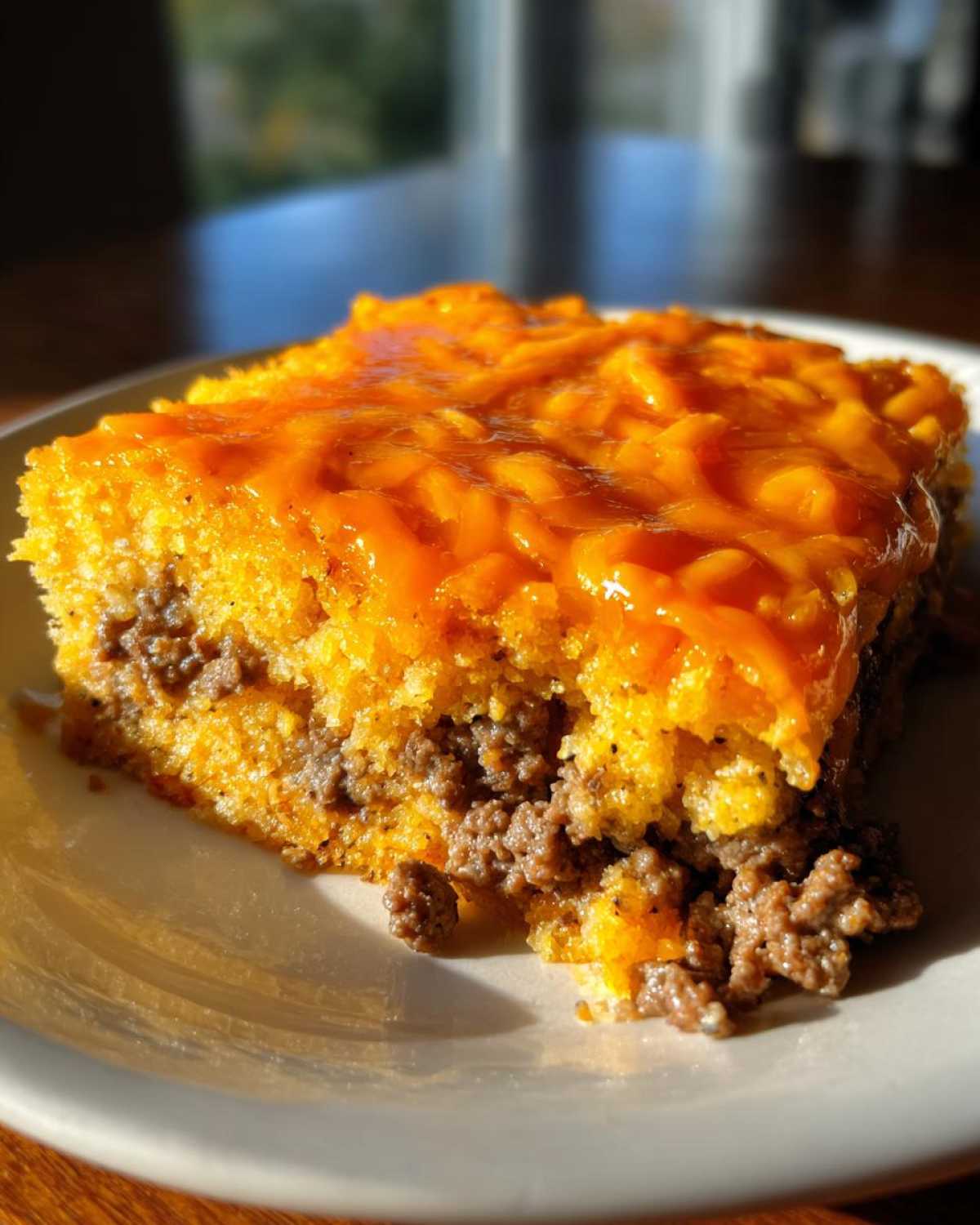 A close-up slice of cowboy cornbread casserole featuring a ground meat layer topped with bright orange melted cheese.