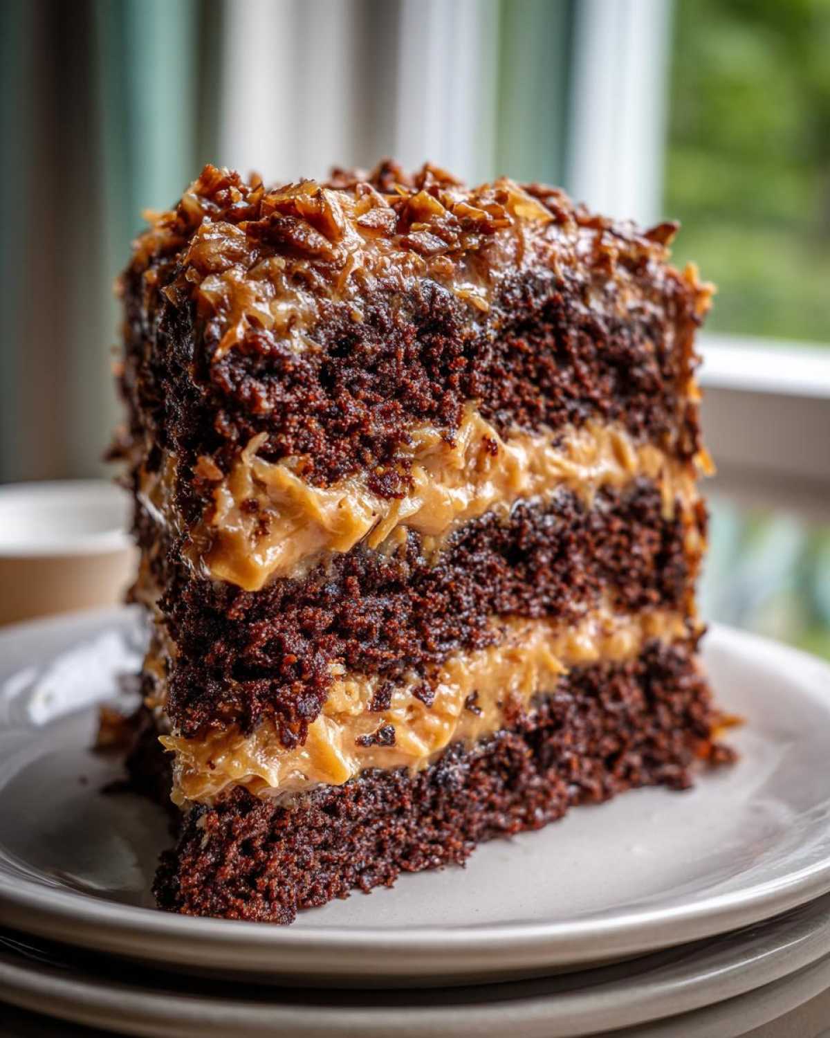 A tall, decadent slice of german chocolate cake recipe with three layers of dark chocolate cake and thick coconut-pecan frosting.