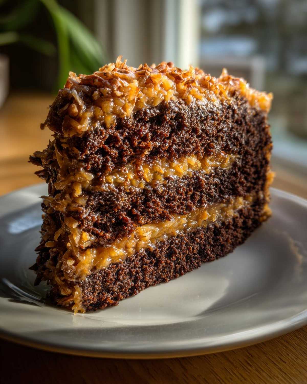 A tall slice of moist german chocolate cake recipe showing dark chocolate layers and coconut-pecan frosting.