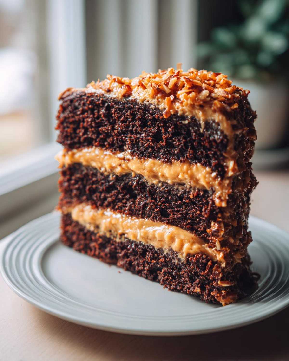 A tall slice of moist german chocolate cake recipe with thick layers of coconut-pecan frosting.