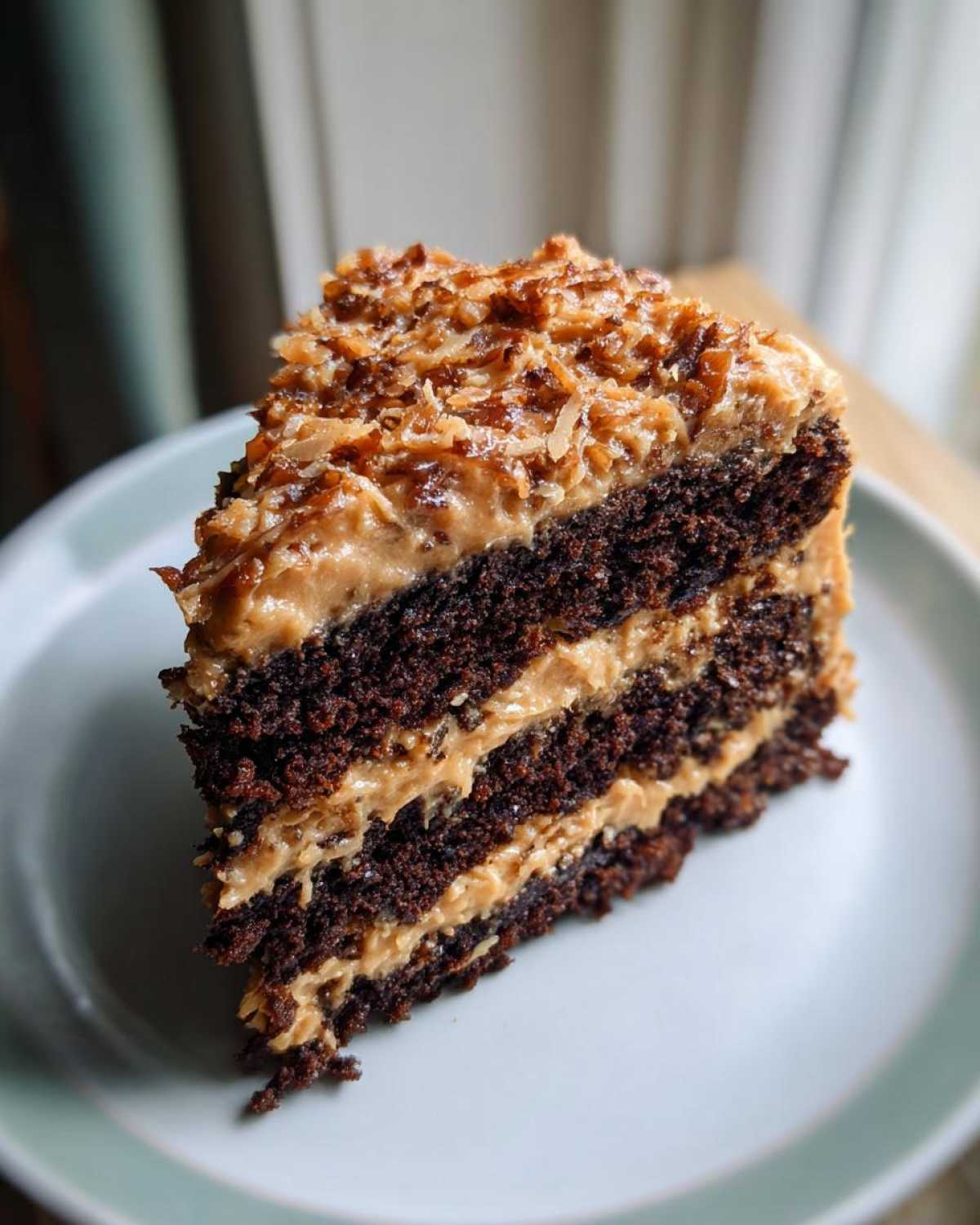 Close-up of a decadent slice of german chocolate cake recipe showing three layers of dark chocolate cake and coconut pecan frosting.
