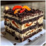 Close-up of a layered slice of dirt cake showing dark chocolate layers, cream filling, and gummy worms on top.