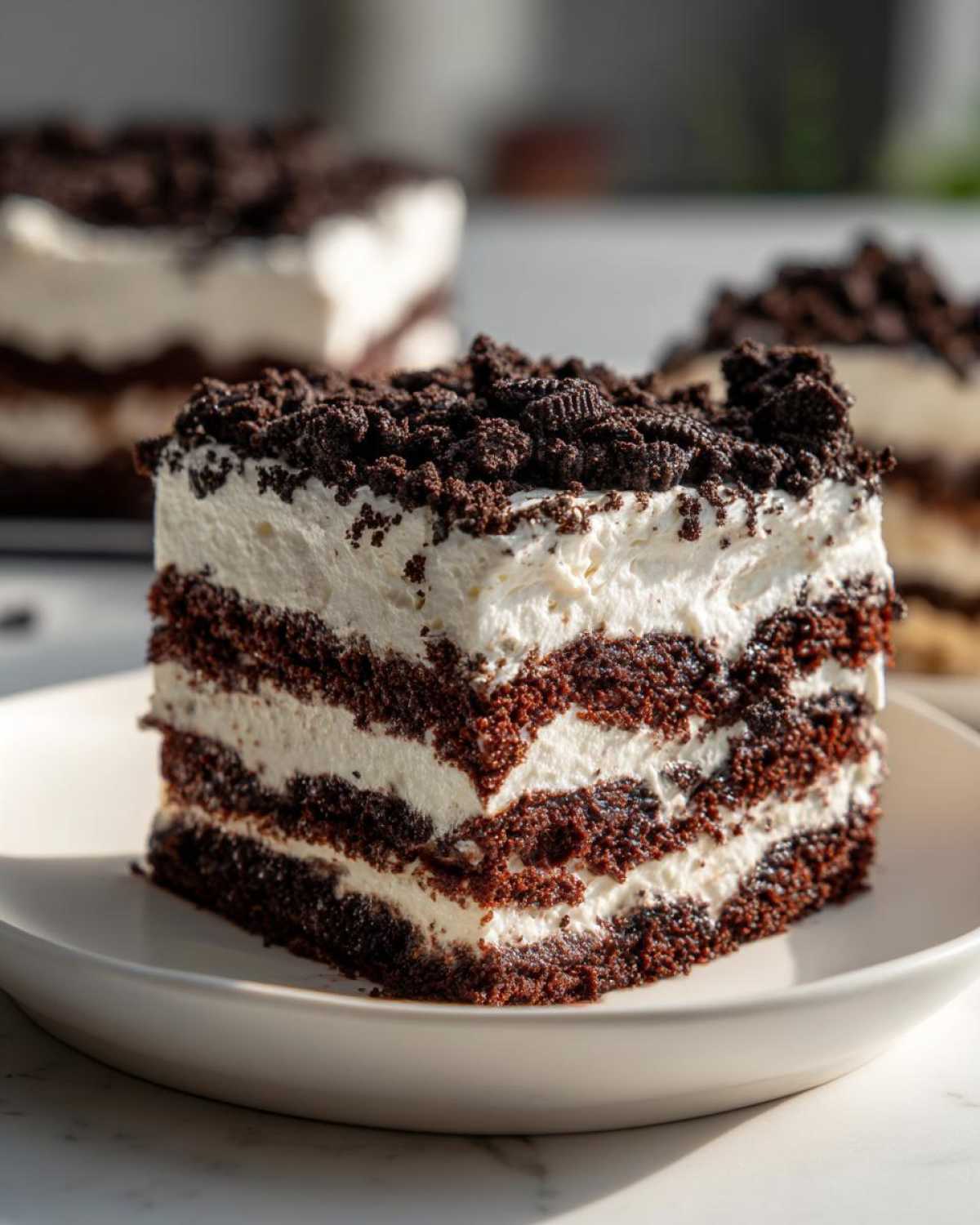 A rich slice of layered oreo dirt cake featuring alternating dark chocolate cake and white cream layers, topped with crushed cookies.