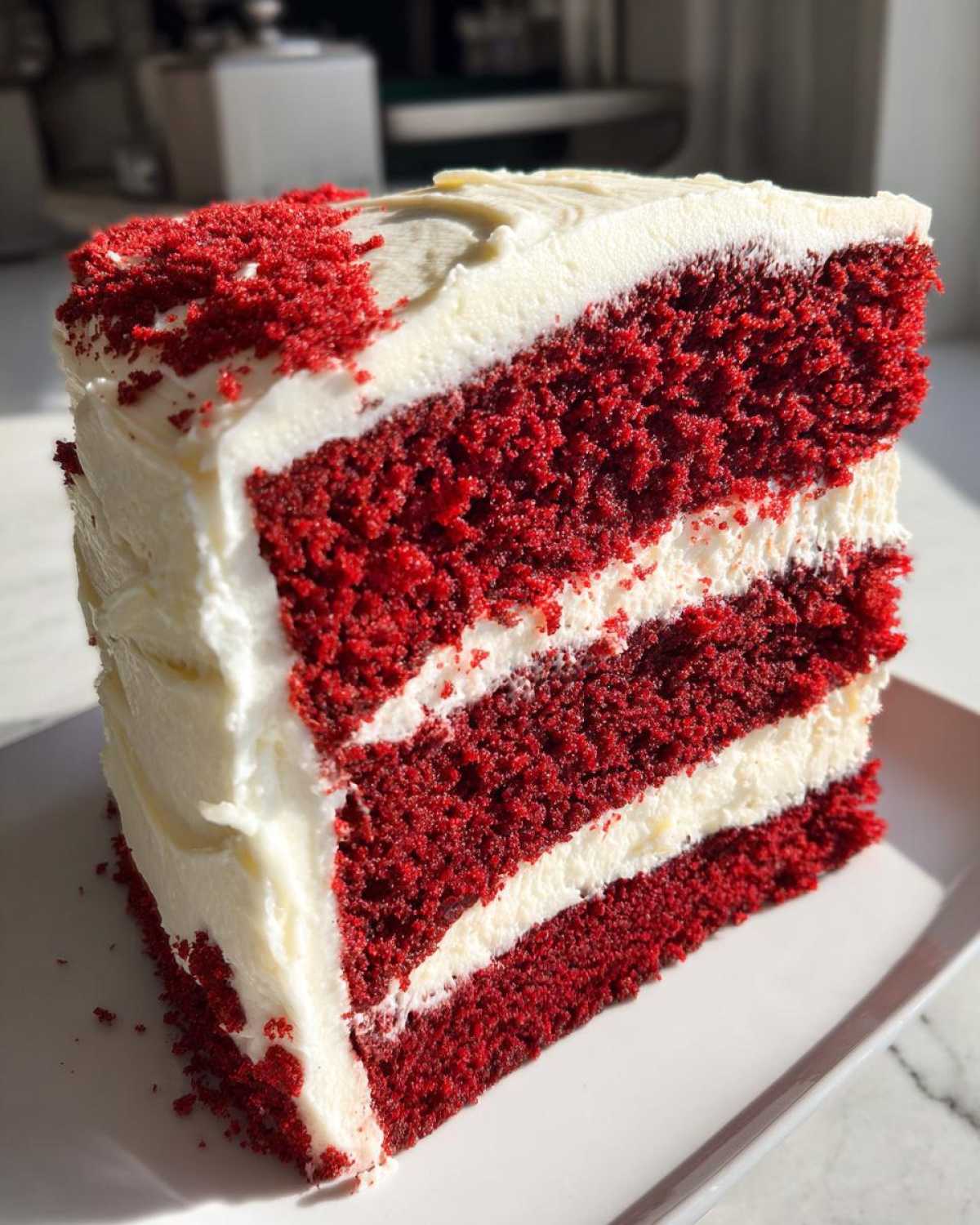 Close-up of a tall slice of red velvet cake showing three layers of deep red cake separated by thick white cream cheese frosting.