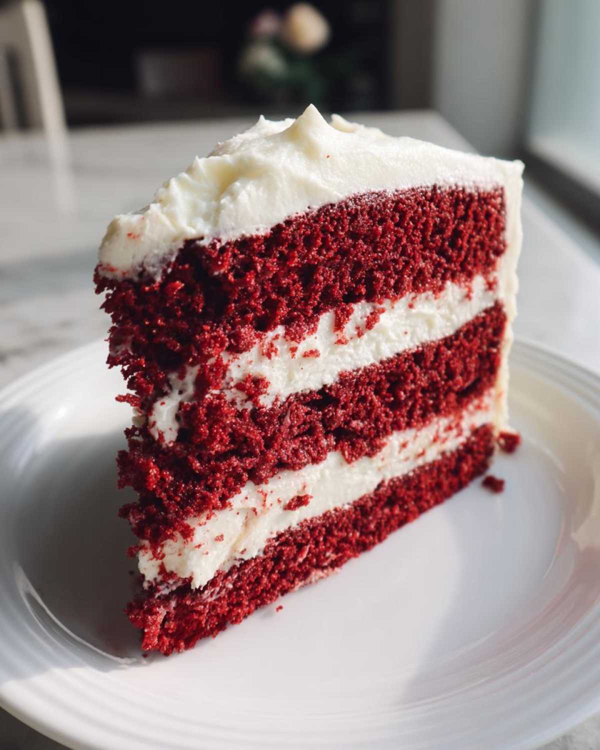A tall, moist slice of red velvet cake with three layers of deep red cake separated by thick white cream cheese frosting.