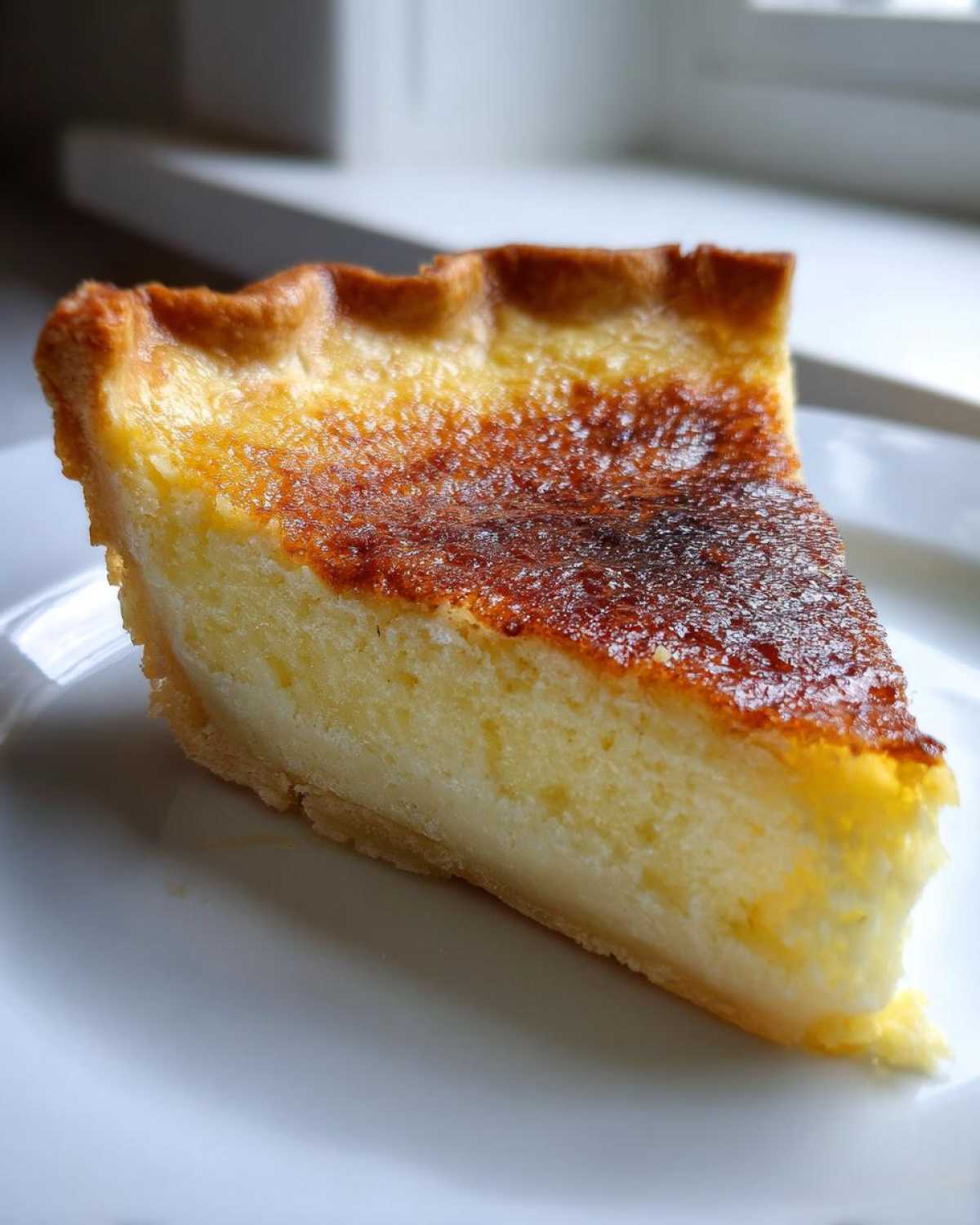 A close-up slice of homemade buttermilk pie showing a creamy yellow filling and a deeply caramelized brown top crust.