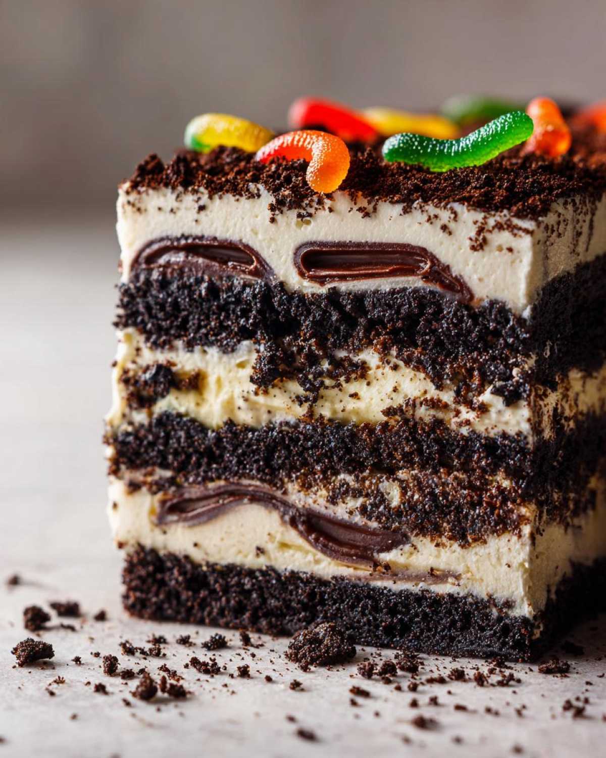 Cross-section of a rich dirt cake showing layers of dark chocolate crumbs, cream filling, and gummy worms on top.